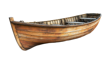 Vintage retro wooden fishing boat, isolated on transparent background, representing a rustic, small rowing vessel used in rivers or lakes.