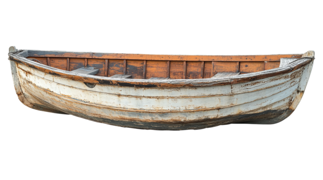 Vintage retro wooden fishing boat, isolated on transparent background, representing a rustic, small rowing vessel used in rivers or lakes.