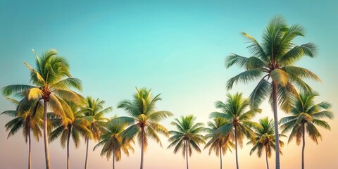 Serene Tropical Vista A Row of Majestic Palm Trees Silhouetted Against a Vibrant Sunset Sky