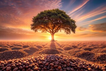 Solitary Tree at Dawn, Illuminated by Golden Sunrise Rays, Overlooking a Field of Undulating Ground, Coffee Beans in Foreground