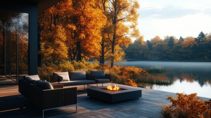 Autumn lakefront patio fire relaxation