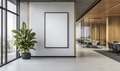 Modern office interior with empty framed mockup poster on the wall and conference room with glass partition. 3D Rendering,
