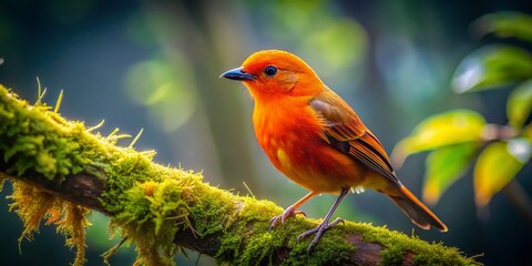 Vibrant Orange Bird on Mossy Branch - Low Light Photography Stock Photo