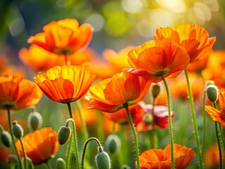 Obraz premium Vibrant Orange Poppy Flowers in Bloom, Budding Springtime Blossoms, Nature Photography