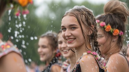 Water Monday celebration: Polish holiday, Dyngus fun, seasonal festivity, joyful ritual, heritage observance, lively games, ancestral belief, festive dance, cultural symbolism, traditional clothing.
