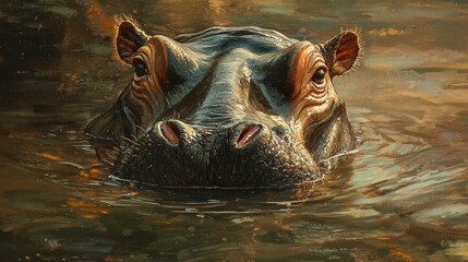 Fototapeta premium Close-Up Portrait of a Hippo Emerging from Water in a Natural Habitat Environment