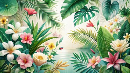 Serene Tropical Paradise Lush Foliage and Vibrant Blooms Frame a Tranquil Water Scene