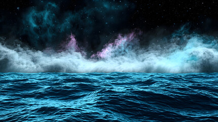 Dark Blue Ocean Under a Starry Night Sky with Pink and Purple Nebula Clouds