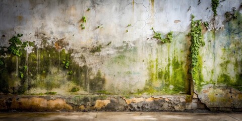 Weathered Concrete Wall with Lush Green Overgrowth and a Broken Base