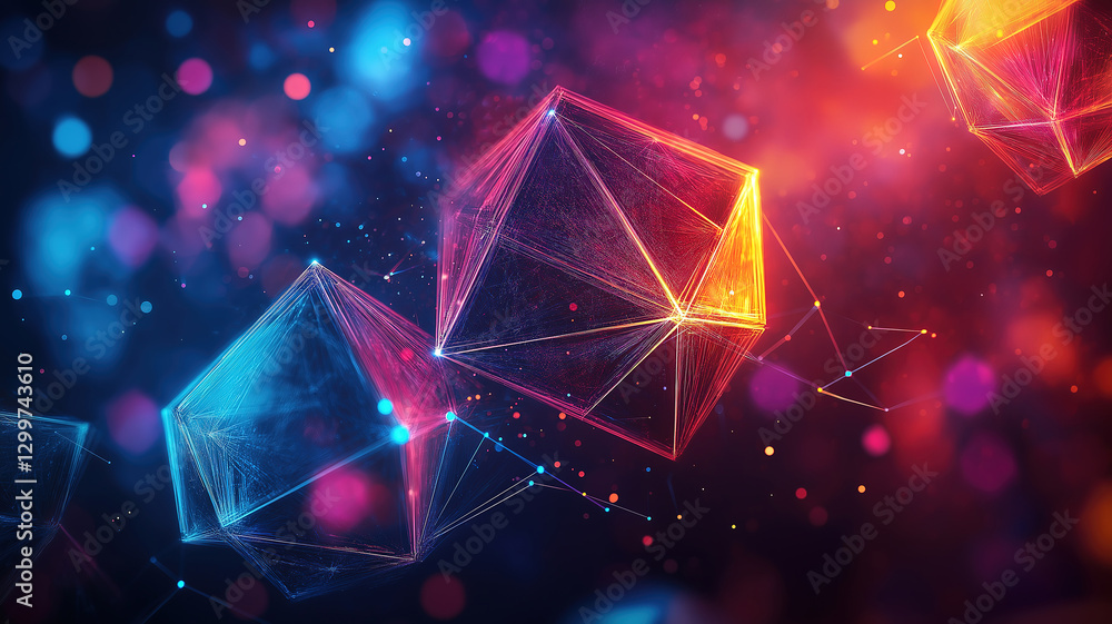 Poster glowing abstract geometric shapes and structures in colorful neon lights across digital space