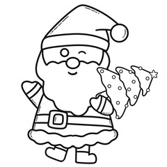 Cute Santa Claus Holding a Christmas Tree | Hand-Drawn Line Art