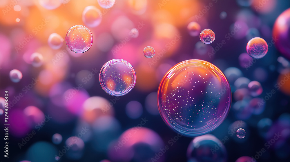 Poster dynamic abstract scene of colorful bubbles on a dark backdrop creating a striking contrast of colors