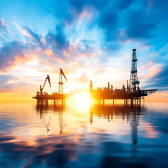 Fototapeta premium Oil extraction operations at sunset offshore platform industry marine environment aerial view energy production