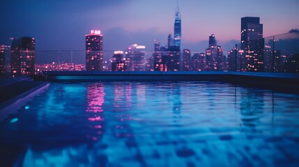 Naklejka premium Rooftop Swimming Pool Reflecting City Lights at Night with Skyline