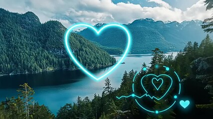 Serene landscape featuring mountains, a lake, and trees, with a heart rate graphic overlay. - Powered by Adobe