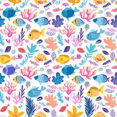 Vibrant underwater scene featuring colorful fish and coral marine ecosystem digital illustration bright aesthetic