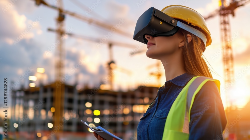 Poster construction worker using virtual reality technology for project visualization on site at sunset wit