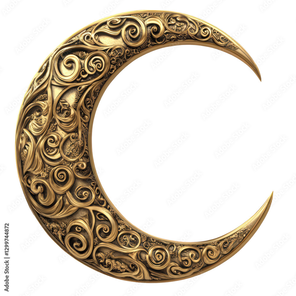 Poster golden crescent moon with intricate swirls isolated on transparent backdrop