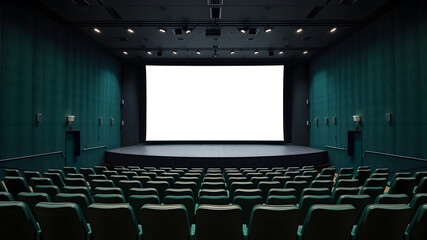 Fototapeta premium Dark green Empty Theater with white screen, Awaiting the Show 