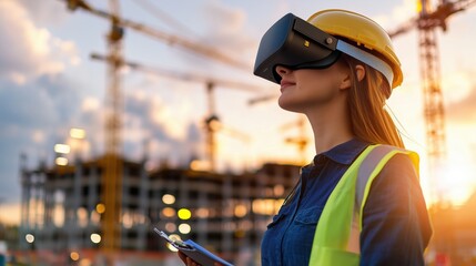 Construction Worker Using Virtual Reality Technology for Project Visualization on Site at Sunset with Cranes in Background