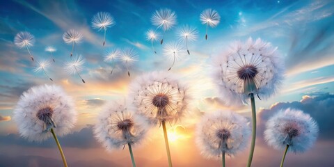 Obraz premium Serene Sunset Landscape Featuring Several Dandelion Seed Heads with Seeds Dispersing on a Gentle Breeze