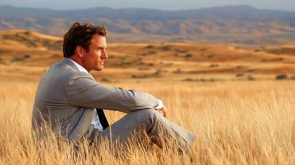 Man Sitting, Field, Grass, Hills, Scenery