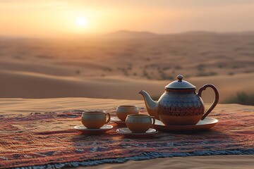 A Desert Scene Featuring Tea Set and a Dramatic Sunset