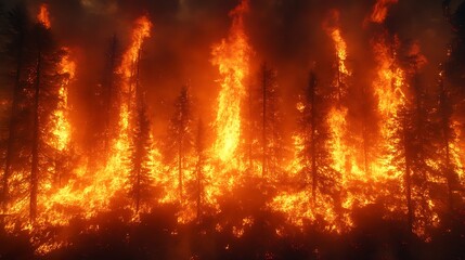 Forest ablaze with orange flames & smoke