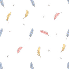 Pastel Feathers Scattered on White Background