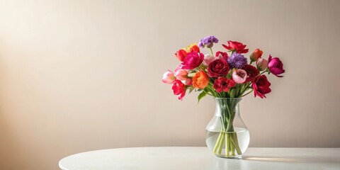 Fototapeta premium Vibrant Bouquet of Tulips, Roses, and Allium in a Clear Glass Vase on a White Table Against a Neutral Background