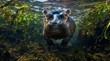 Underwater View of a Hippo Swimming Through Lush Aquatic Vegetation and Plants