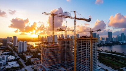 Aerial View of Urban Construction Site with Cranes Against Colorful Sunset Over City Skyline and Water Reflection in Miami
