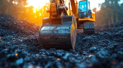 Excavator bucket digging dark soil at sunset.