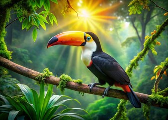 Vibrant Toco Toucan Perched on Lush Green Tree Branch in Tropical Rainforest Landscape