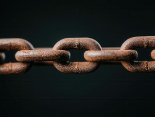 Fototapeta premium Close-up view of an old, rusty metal chain, showcasing strength and durability against a dark backdrop.