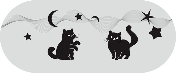 Vector Art of Two Black Cats in a Mystical Night Scene with Waves and Celestial Elements