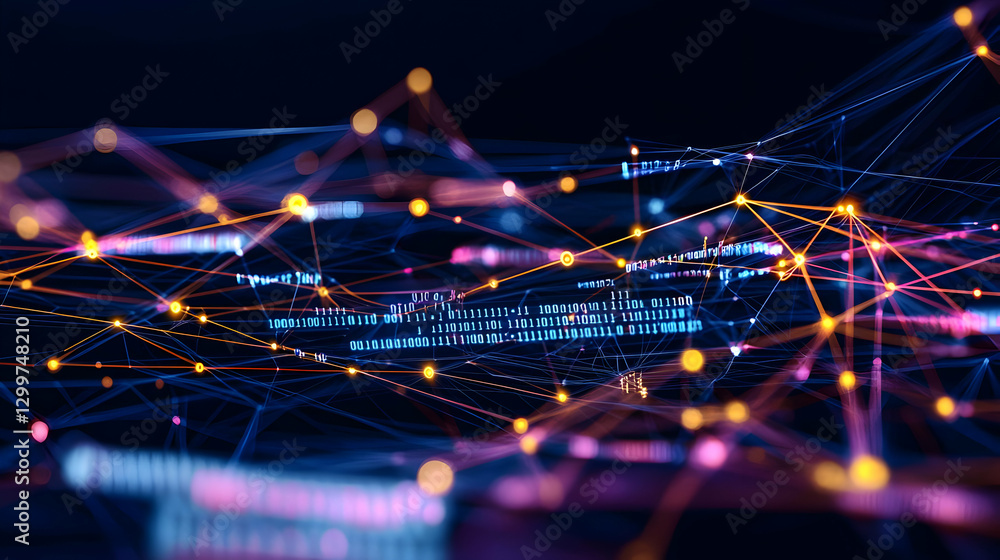 Poster abstract digital network with orange connecting dots and blue lines on dark background