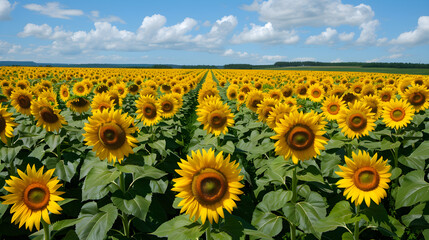 Fototapeta premium Bright Sunlights on an Expanse of Vibrant Sunflower Field under the Azure Sky: A Celebration of Nature's Beauty