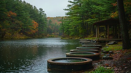 Tubs on lake edge, fall trees behind