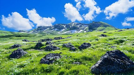Obraz premium Vibrant Green Alpine Meadow with Dark Rocks and Snowy Mountain Peak Under a Sunny Blue Sky