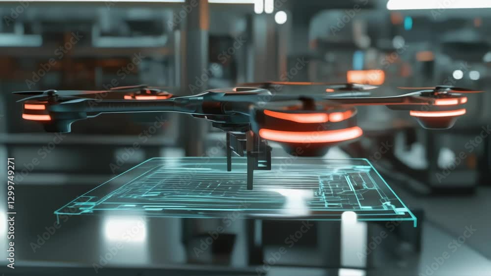 Aufkleber high tech drone hovering near holographic circuit board representation, demonstrating advanced techn