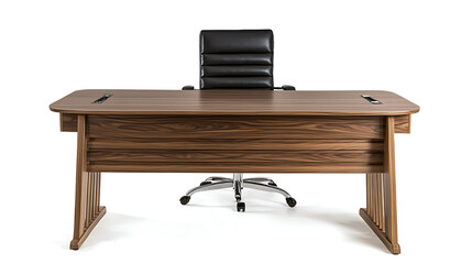 Fototapeta premium A wooden desk with a black leather chair in front of it