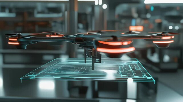 High tech drone hovering near holographic circuit board representation, demonstrating advanced technological innovation inside modern research laboratory
