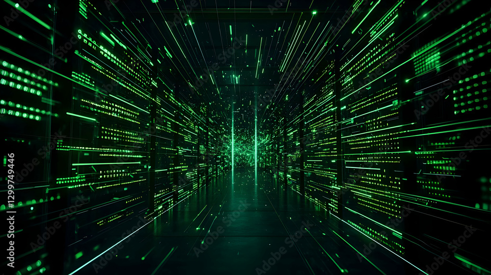 Poster abstract green digital data tunnel with matrix code lines and cyber lighting