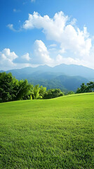 Obraz premium Vibrant Green Field and Majestic Mountains Under a Sunny Sky