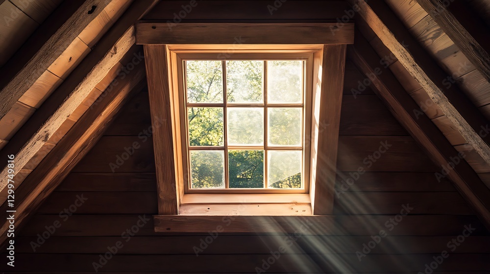 Poster light streaming through attic window with view of green trees