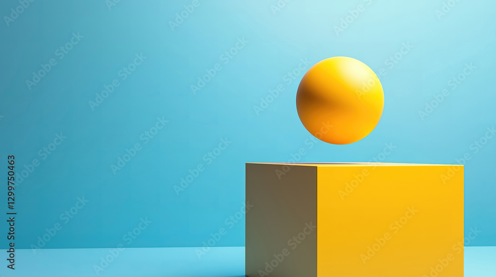 Poster geometric yellow sphere resting on the edge of a cube in a minimalistic blue background design