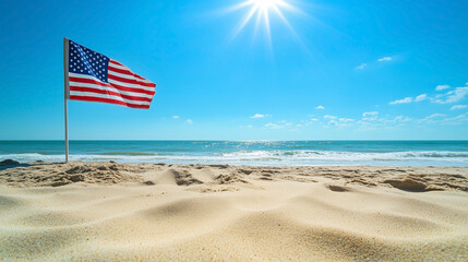 A flag is on a pole on a beach