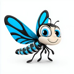 Obraz premium Cheerful Cartoon Dragonfly with Blue Wings on White