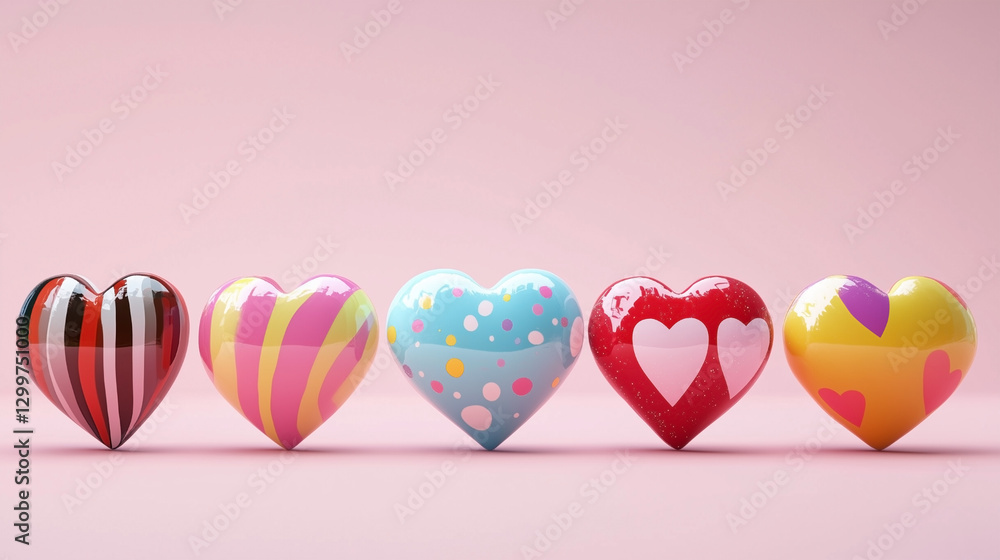 Poster a row of five hearts with different colors and patterns